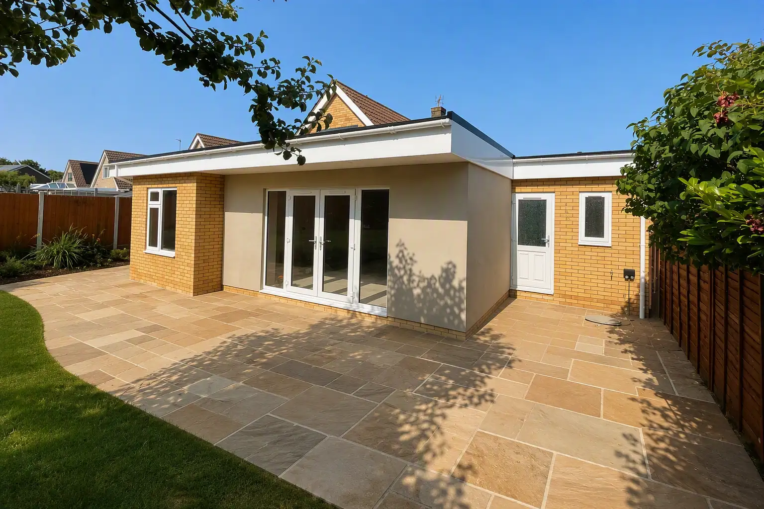 Completed brick extension and sandstone patio by Ablewood